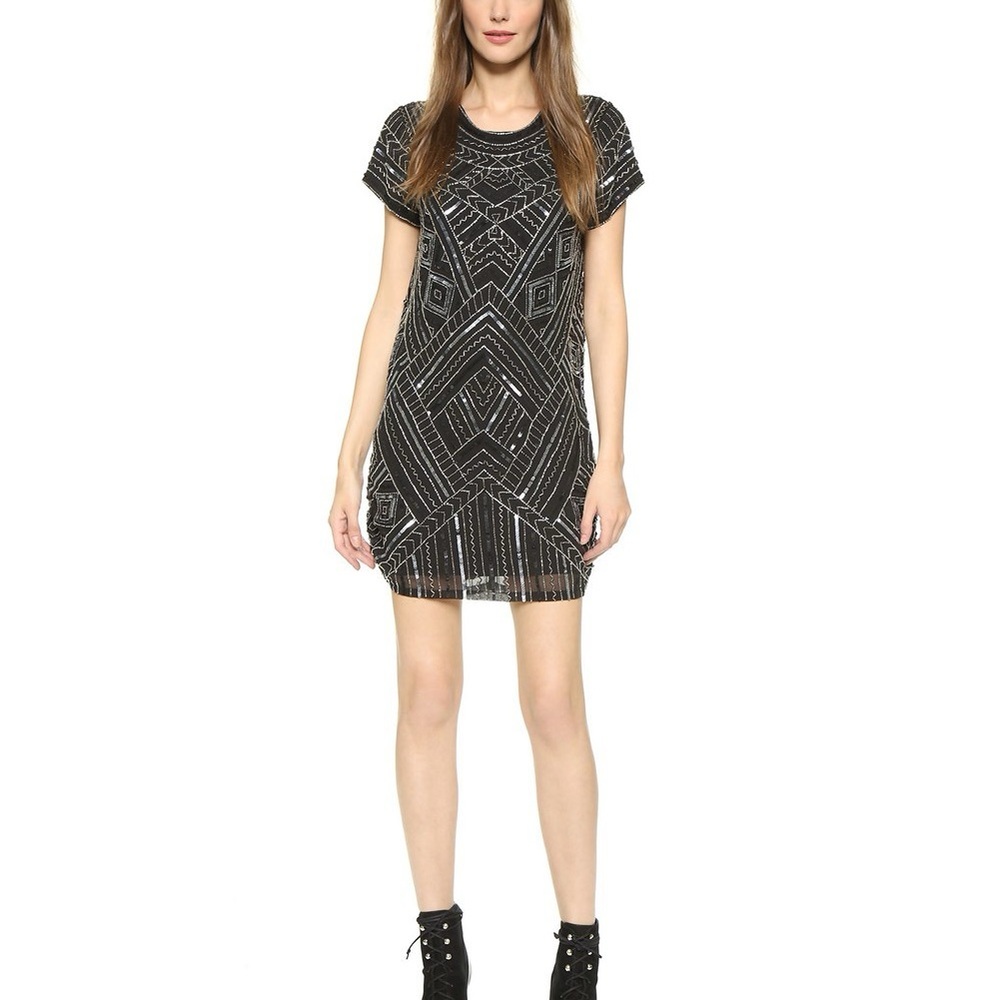 Parker Topaz Beaded Sequin Mini Dress Black Geometric Cocktail Party Size S NWT - Picture 1 of 16